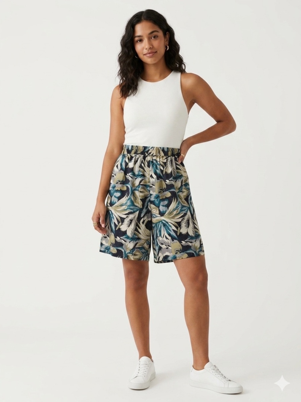 Stunt collection 100%tsilk Tropical Print Elastic-Waist Shorts - Blue Multi